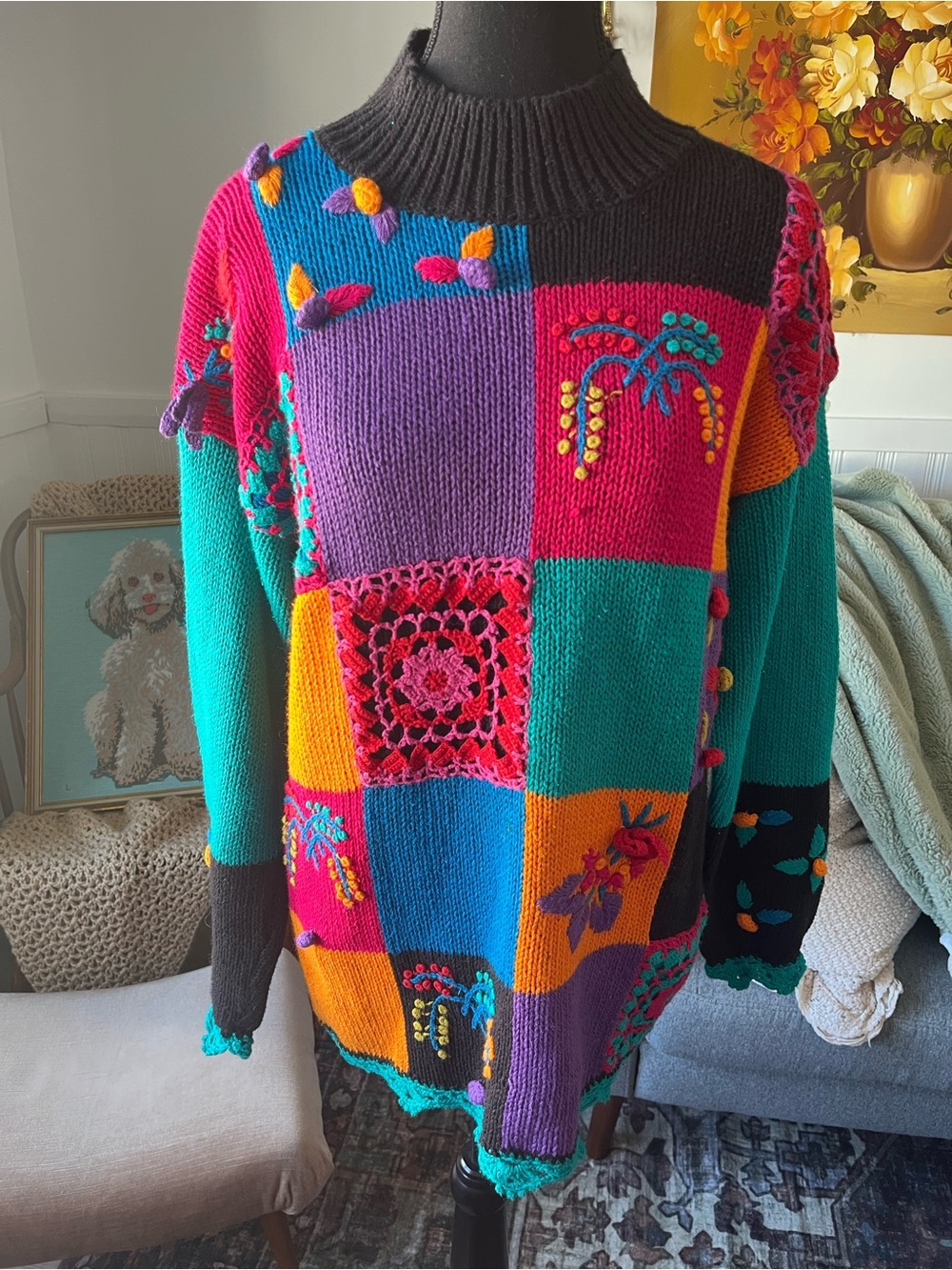 Women’s Vintage Colorblock Patchwork Sweater - Multicolor Size M - Picture 2 of 5